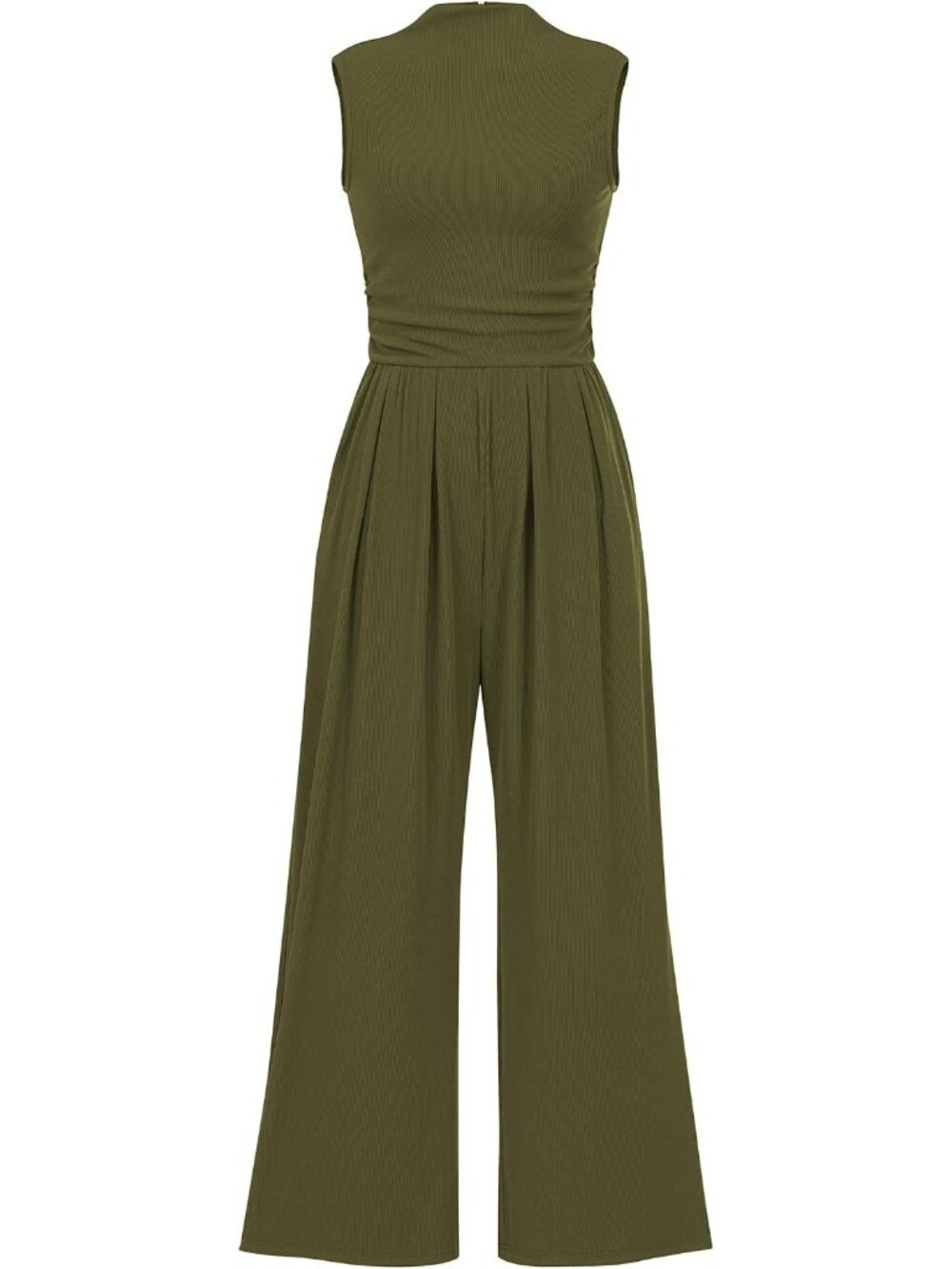 Women's Army Green Jumpsuits Sleeveless Mock Neck Wide Leg Rompers Ribbed Cozy